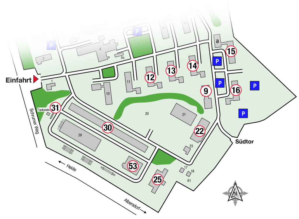 Der Lageplan vom Gewerbepark Albersdorf. Alle Objekte der angesiedelten Firmen und Institutionen sind mit Ziffern, die von roten Kreisen umrahmt sind, eingezeichnet.