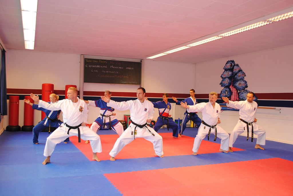 Trainingsgruppe von Lemmens Martial Arts in Kampfanzügen in einem farbigen Trainingsraum, angeführt von erfahrenen Trainern – Kampfsport und Fitness im Gewerbepark Albersdorf.
